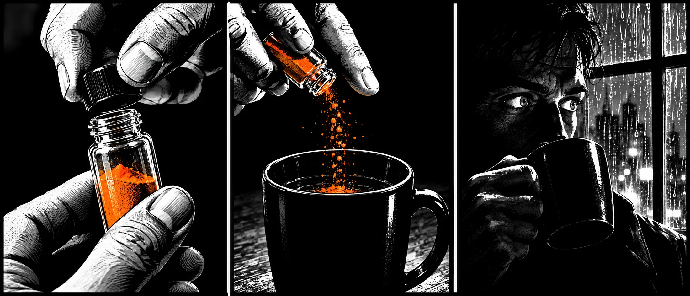 Three comic panels: a hand uncaps a Deppya vial, taps orange powder into a black coffee mug, then a wide-eyed man sips from the mug by a rainy window.